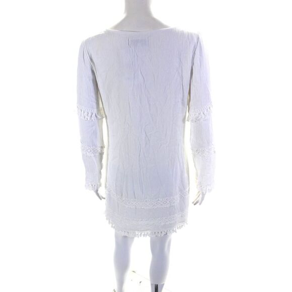 Ellelauri Women's Long Sleeves Tassel Crochet Trim Mini Dress White Size S - Picture 3 of 5